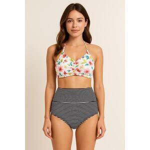 Cupshe Women's Bikini Set Size XS Floral Stripe‎ Print High Waist Retro Cottage